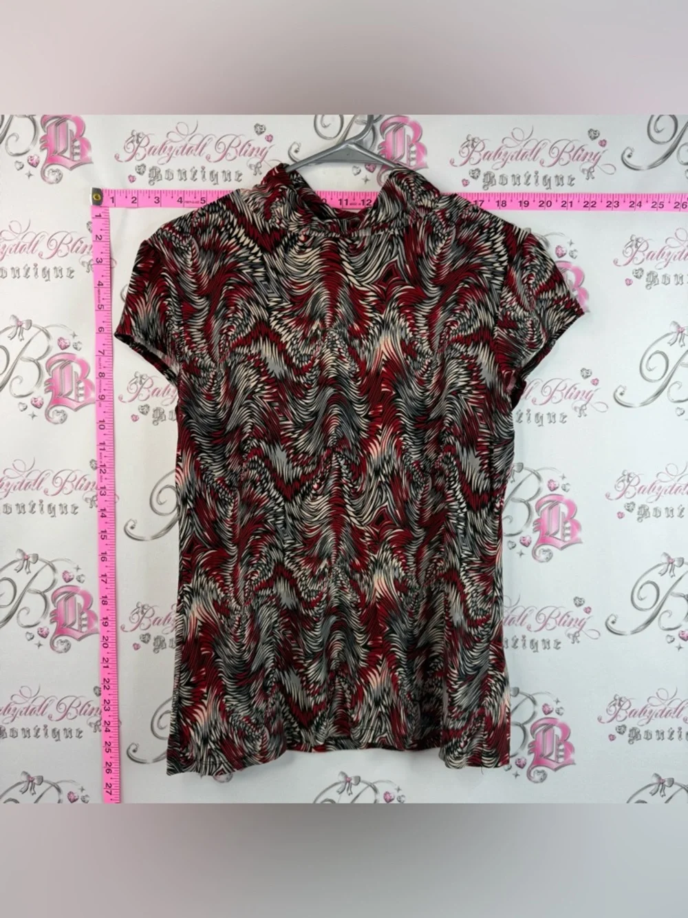 Melanie Lyne Short Sleeve Tee Shirt Top wavy pattern with Red, Black & Cream - Picture 1 of 9
